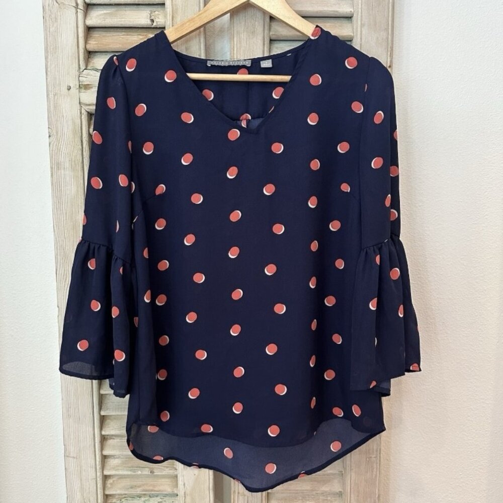 Women's Small Navy Blue Polka dot Bell 3/4 Flare Sleeve Career Casual Blouse